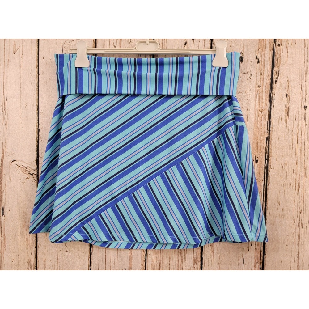 TEHAMA Blue Striped A-Line Skirt Women's Large Casual Jersey Folded Waist‎ euc